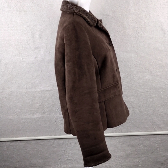 Lands' End Brown Faux Suede Leather Collared Button Up Long Sleeve Winter Coat - Picture 5 of 13